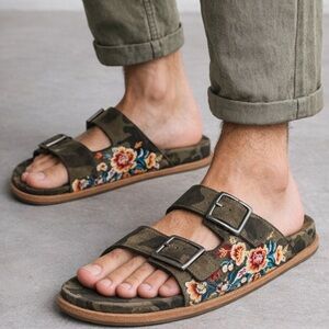 Johnny Was Embroidered Floral Camo Leather Slide Sandals